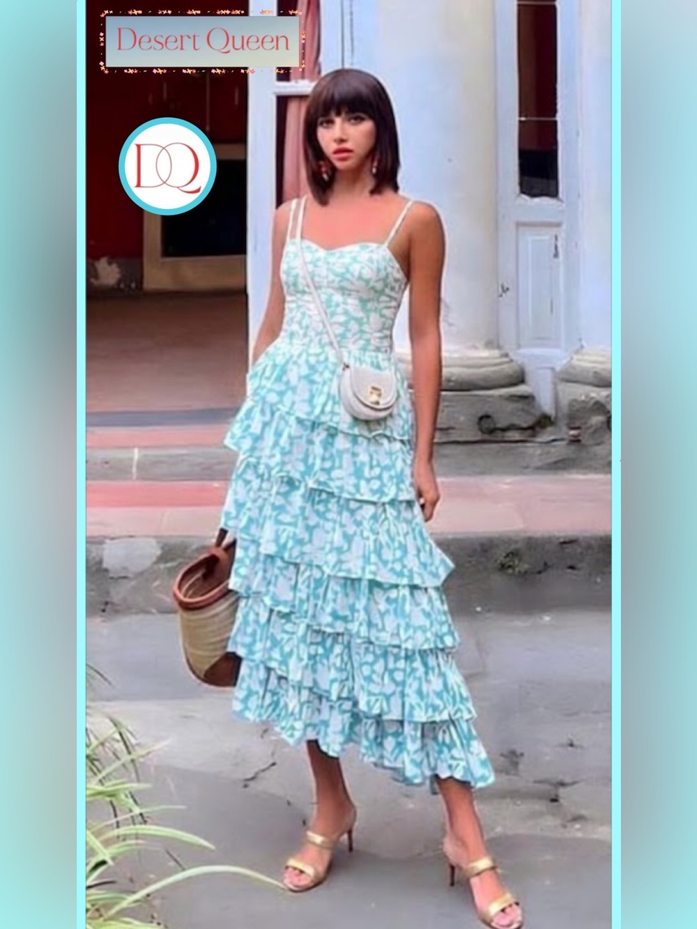 NWT Free People x Desert Queen Cleo Bustier Tiered Ruffles Dress Aqua/Cream